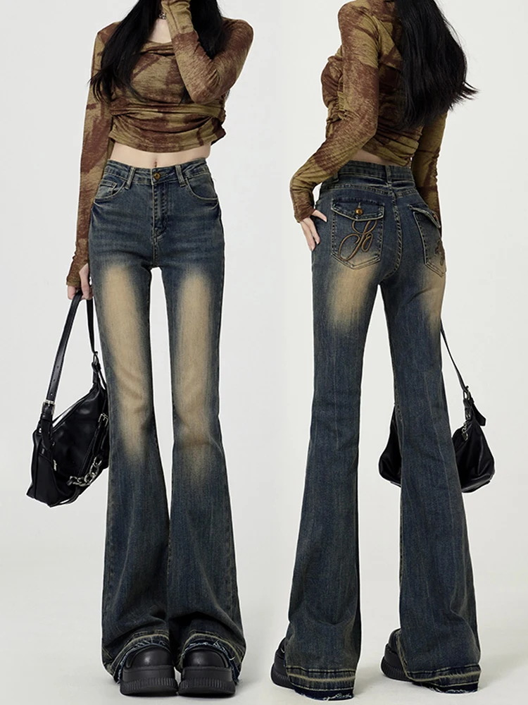 

Джинсы-колокольчики с высокой талией в стиле ретро, женские осенне-зимние утягивающие брюки небольшого размера, большой дизайн, брюки длиной до пола