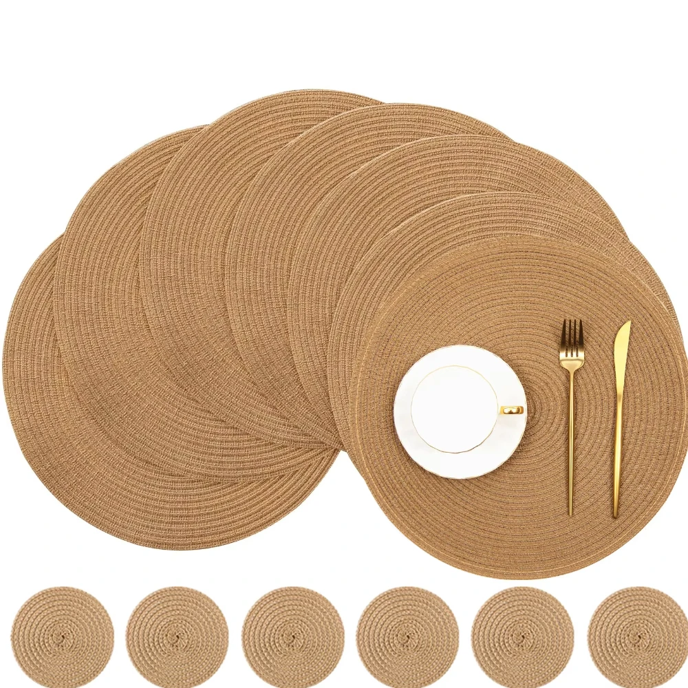 Round Placemats and Coasters Set of 1/6 Round Braided Woven Place Mats Washable Heat Resistant Table Mats for Kitchen Dining