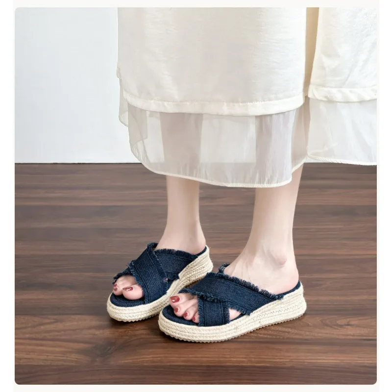 Women's Denim Cross Strap Wedge Sandals Frayed Edge Espadrille Platform Slides Summer Casual Open Toe Thick Sole Slippers