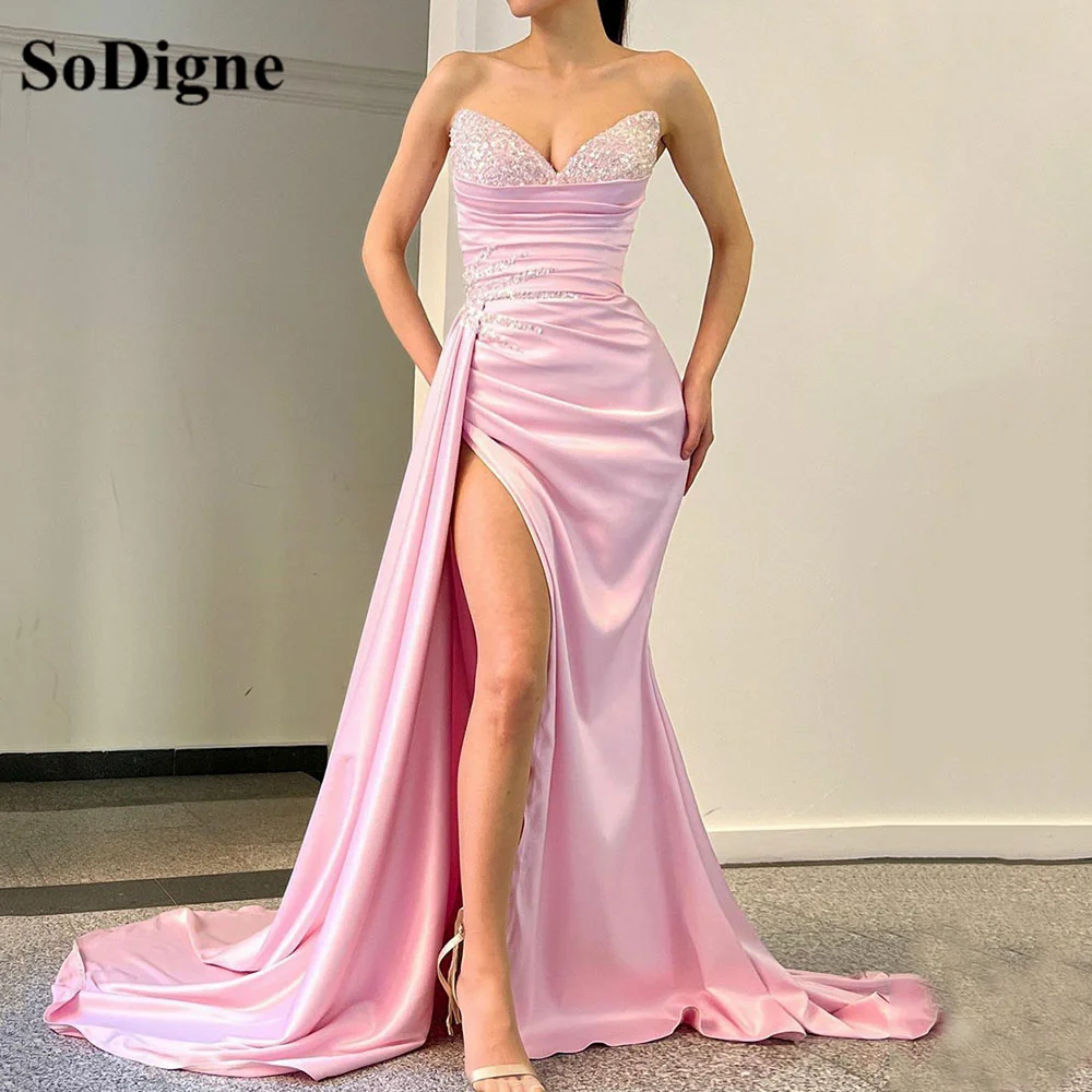 

SoDigne Baby Pink Satin Mermaid Evening Dresses Sweethearts Pleats Sequins Prom Party Dress Side Split Women Evening Gowns