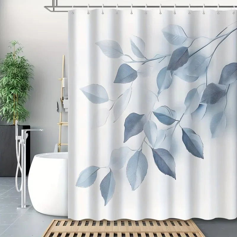 Nordic Blue Gradient Leaf Print Shower Curtain No Drilling Waterproof Bathroom Decor with 12 Hooks