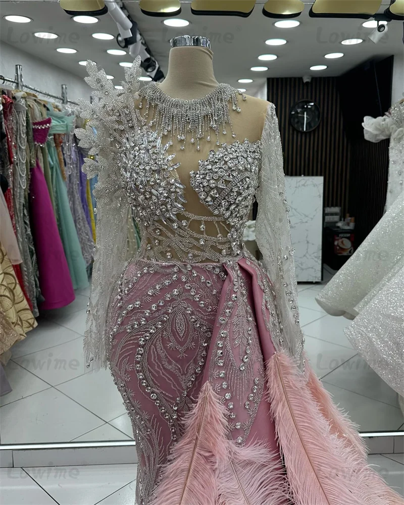 Pink Feathers Mermaid Prom Dress Tassel Crystals Luxurious Evening Celebrity Dresses Customized Party Second Reception Gowns
