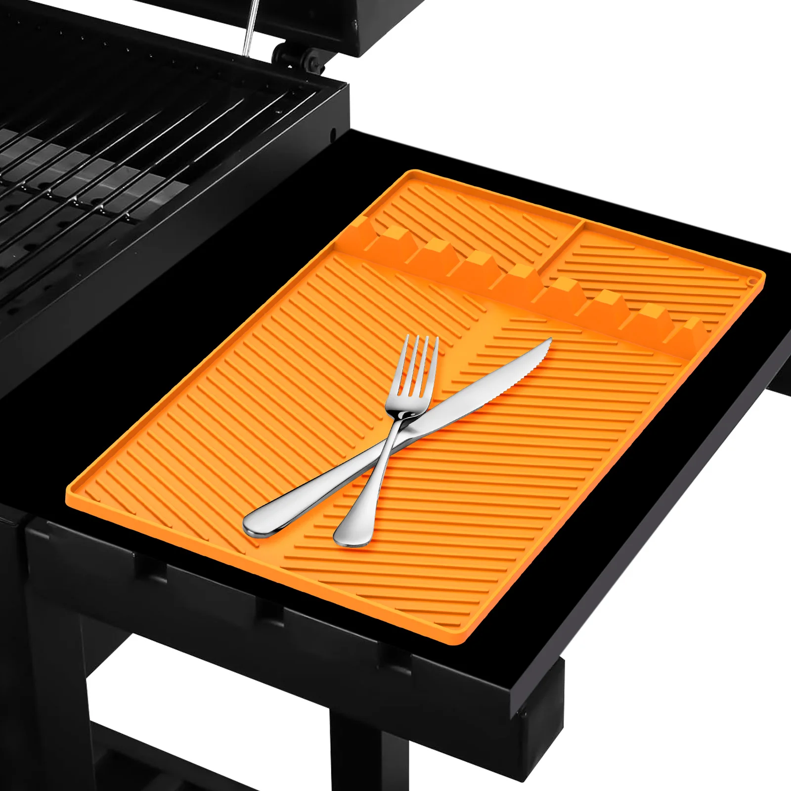 

Silicone Grill Mat BBQ Knife and Fork Storage 8 Slot Anti-Slip Grill Holder Pad Heat-Resistant BBQ Spatula Silicone Mat BBQ Tool