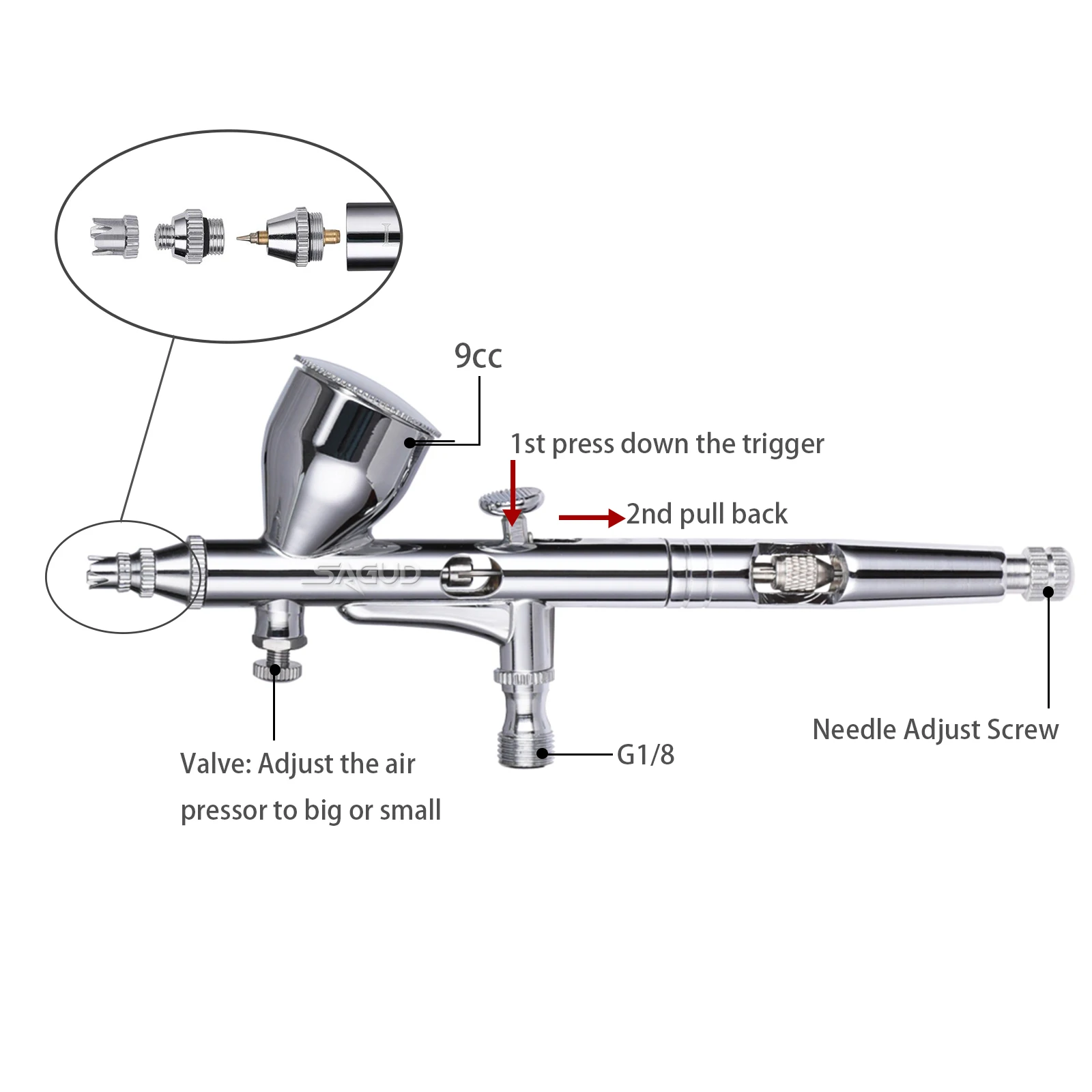 Airbrush Set Dual Action Professional Air Brush Kit with 2/5/13CC Spray Cup and Wrench Dropper Tool for Cake Tattoo Painting