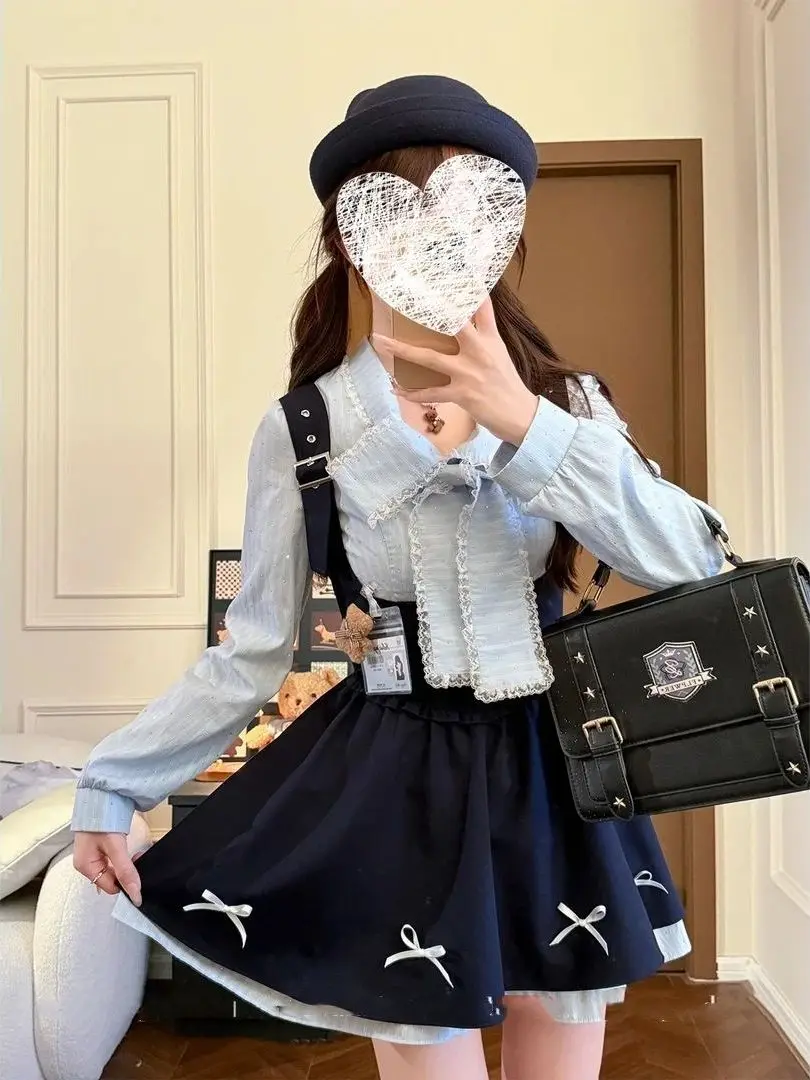 Sweet Blue School Uniform Set Women's Spring Autumn Plaid Shirt Lace Overalls Dress Two-Piece Set Jk Outfit High Waist Skirt