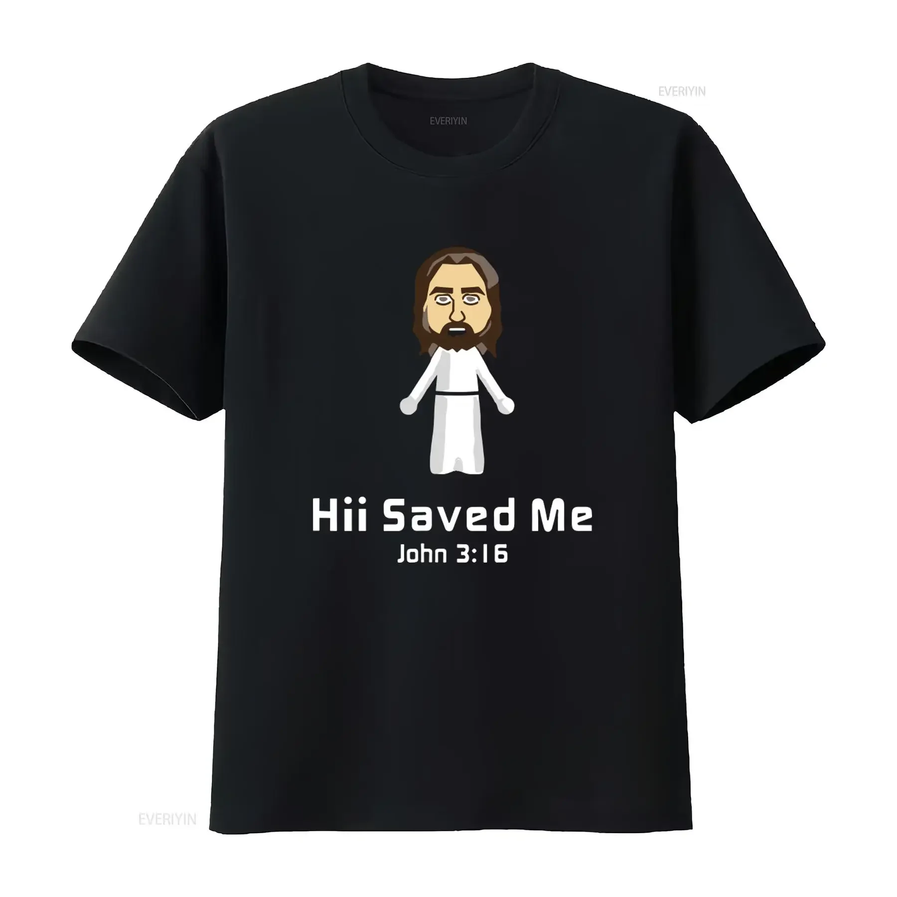 Camiseta de algodón con diseño vintage lavado y suave, estilo casual ligeramente elegante y elástico, con la frase 'Hii Saved Me' y la cita de Jesús 3:16.
