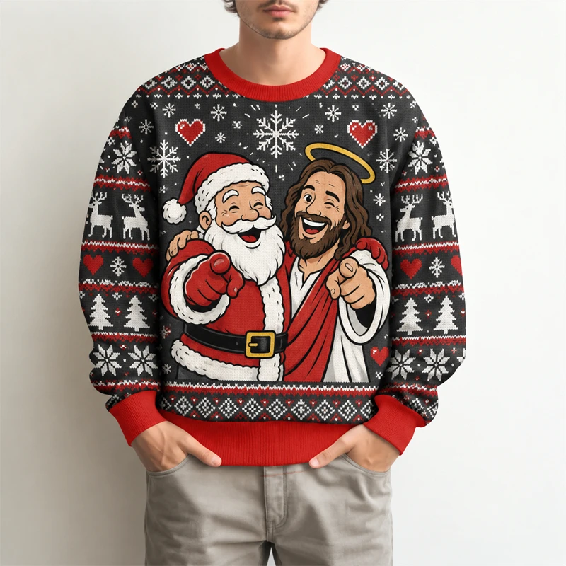 3D Print Jesus Santa Graphic Ugly Christmas Sweatshirt Unisex Funny Religious Long Sleeve Holiday Party Pullover Xmas Gift 2026
