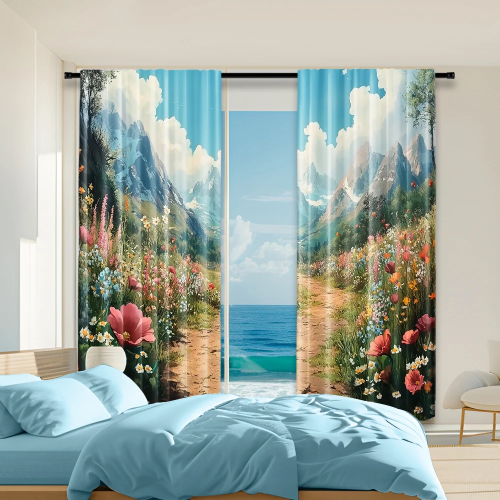 

2 pcs, versatile polyester transparent curtains for home decoration Floral Sage Green Leaves for use in bedrooms and living