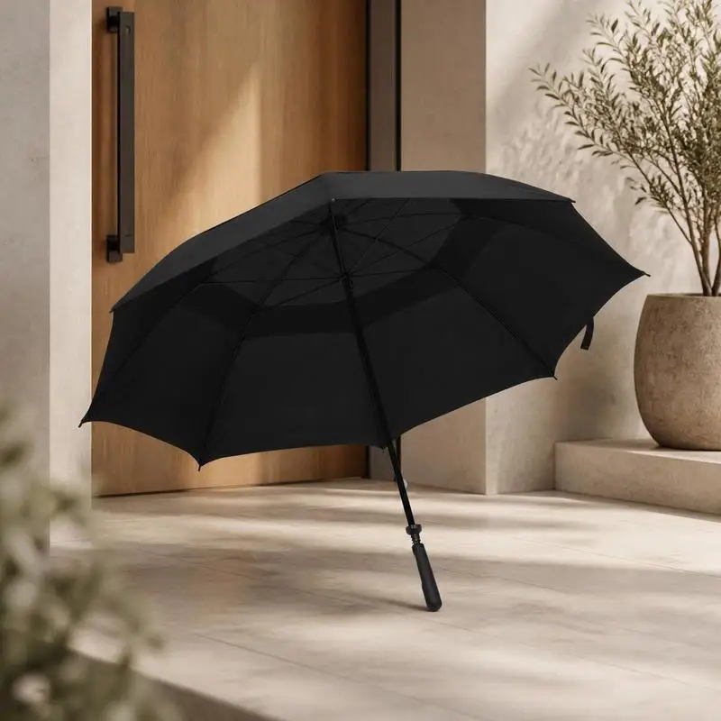 Parapluie de golf grand format 130 cm noir - Parapluie robuste à long manche avec armature en fibre de verre, résistant au vent, idéal pour la randonnée, les voyages, homme, femme