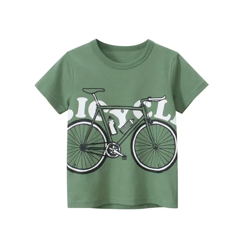 2025 Summer New Boys Cartoon Bicycle Children's T-Shirt Kids Fashion Short Sleeve Cotton Tops Excavator Tees Shirt 2-10 Years