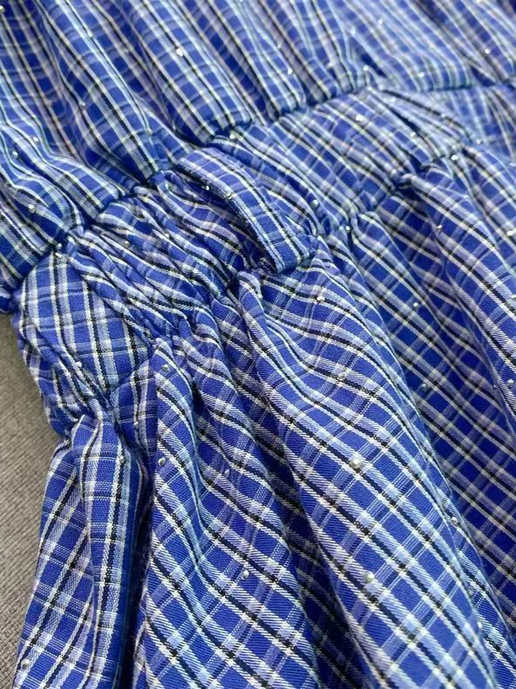 2025년 초가을 신상 핫 다이아몬드 플래드 셔츠 드레스 여성 우아한 폴로 칼라 긴팔 밴딩 허리 숏 로브