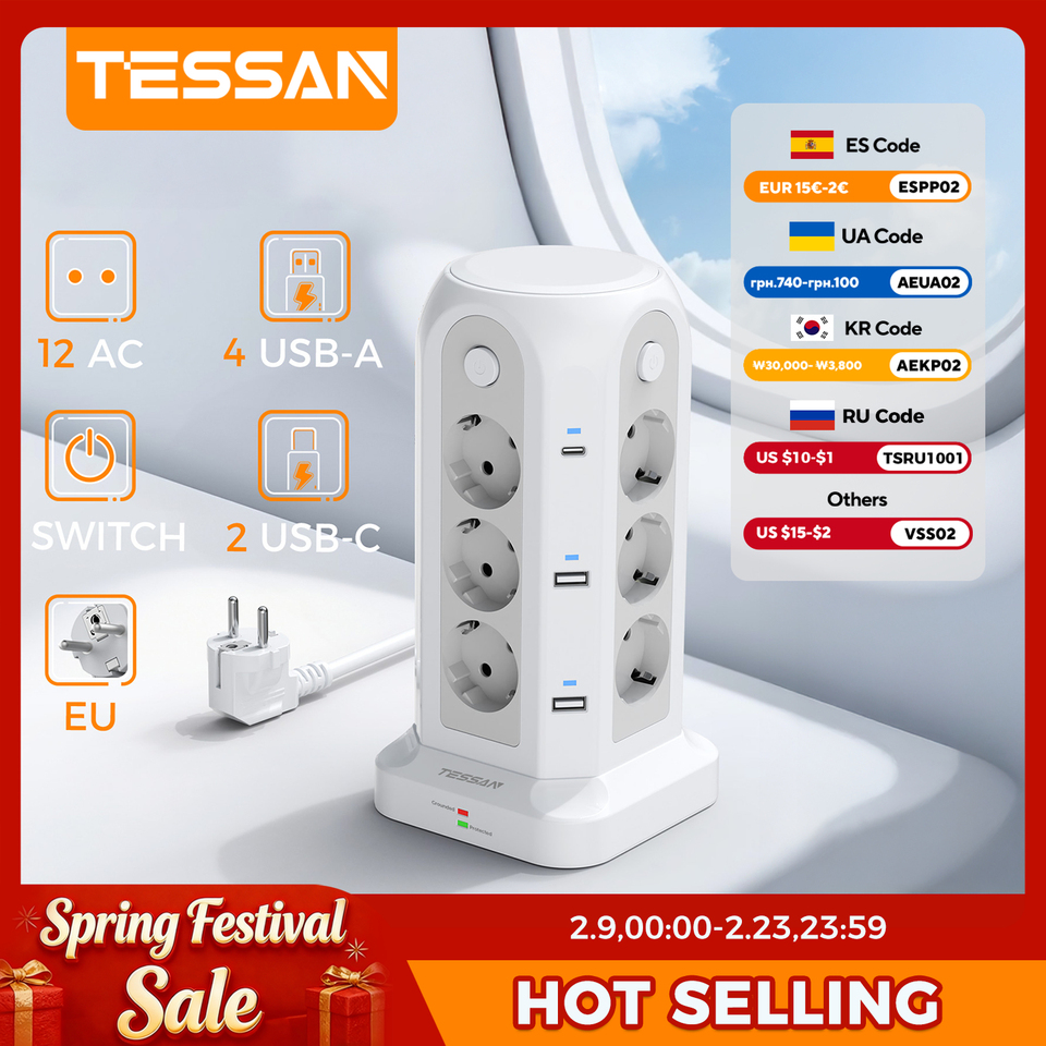  TESSAN Type C Power Strip with 4 Single Switches Tower Multiple Sockets with Surge Protection 2M 5M Extension Cable Plug Adapter 