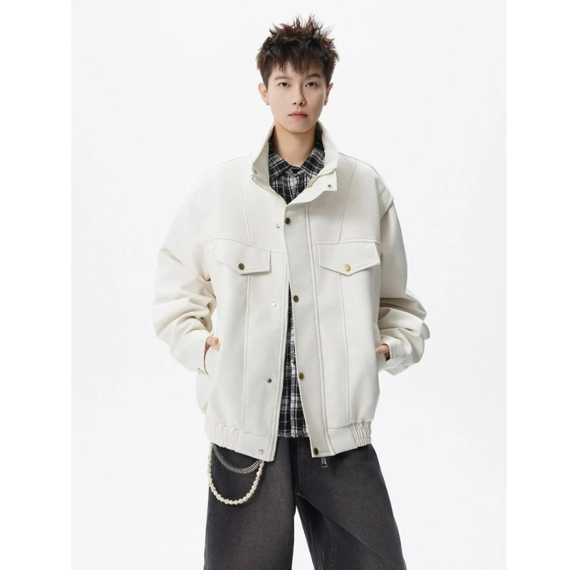 

Осень 2026, новый стиль, модная крутая свободная дизайнерская куртка, однобортное кожаное пальто в американском стиле с воротником-стойкой для мужчин