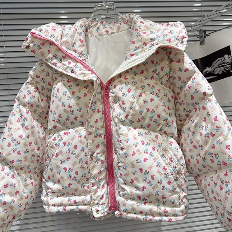 2025年冬新作 小花柄 ルーズ 暖かい フード付き ブレッドウェア コットンジャケット レディース 可愛い ゆったり 厚手 多用途コート