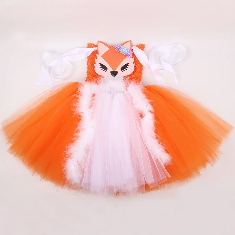 RT01 Orange White Fox Tutu Dress for Girls Birthday Party Carnival Fancy Dresses Animal Cosplay Halloween Costume for Kids C*Jk2
