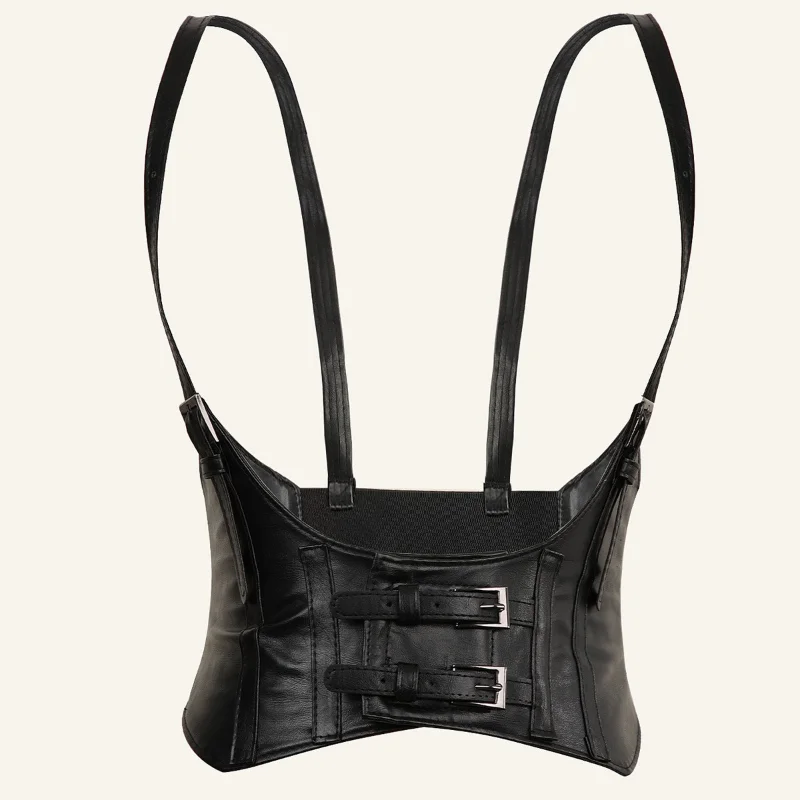 Women Wide Belt Gothic PU Leather Underbust Corset Crop Top Vintage Solid Color Adjustable Vest Waist Belt Double Buckle Cincher