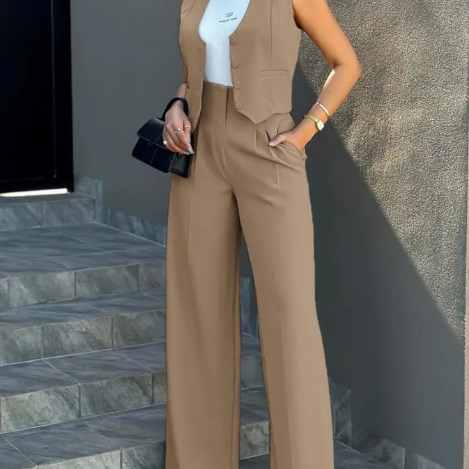 Pant Sets Women Wide Leg Pants Two Piece Suit Single Breasted Vets Sleeveless High Waist Elegant Trousers Pockets Solid Outwear