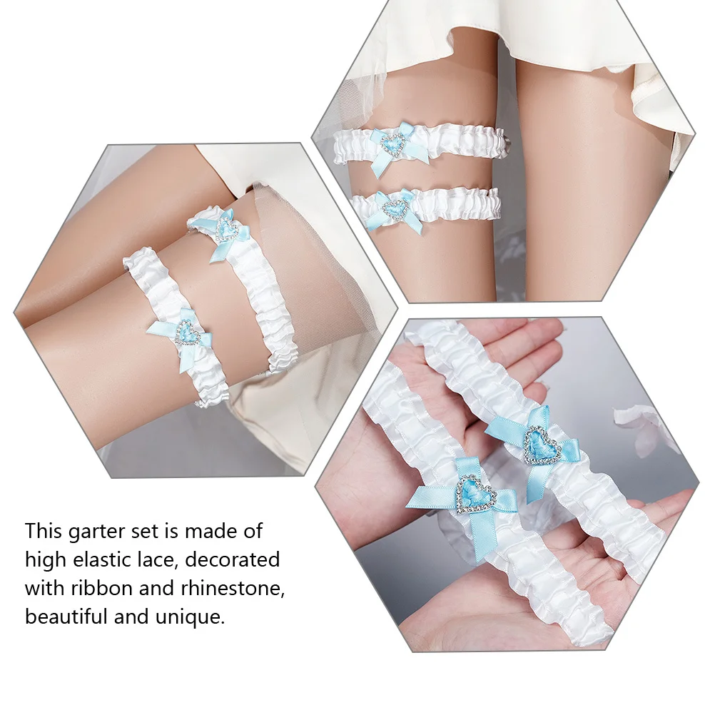 

2pcs Lace Bridal Garter Set Wedding Bride Gift White Blue Rhinestone Bow Heart Decor Belt For Prom Banquet Dress
