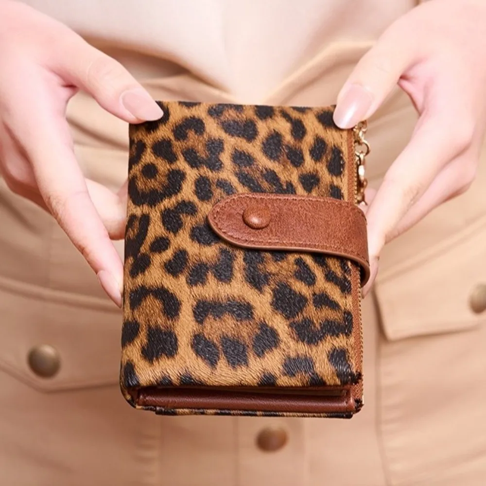 Leopard Print PU Leather Short Wallet Polyester Lining Multi Card Slots Trifold Wallet Double Zipper Large Capacity Card Holder