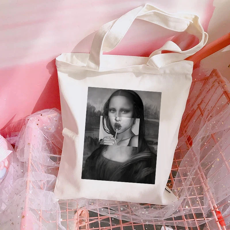Vintage Mona Lise Tote Bag Canvas Shoulder Bag for Retro Daily Commute Women's Shopping Bag Trendy Folding Shoulder Bag