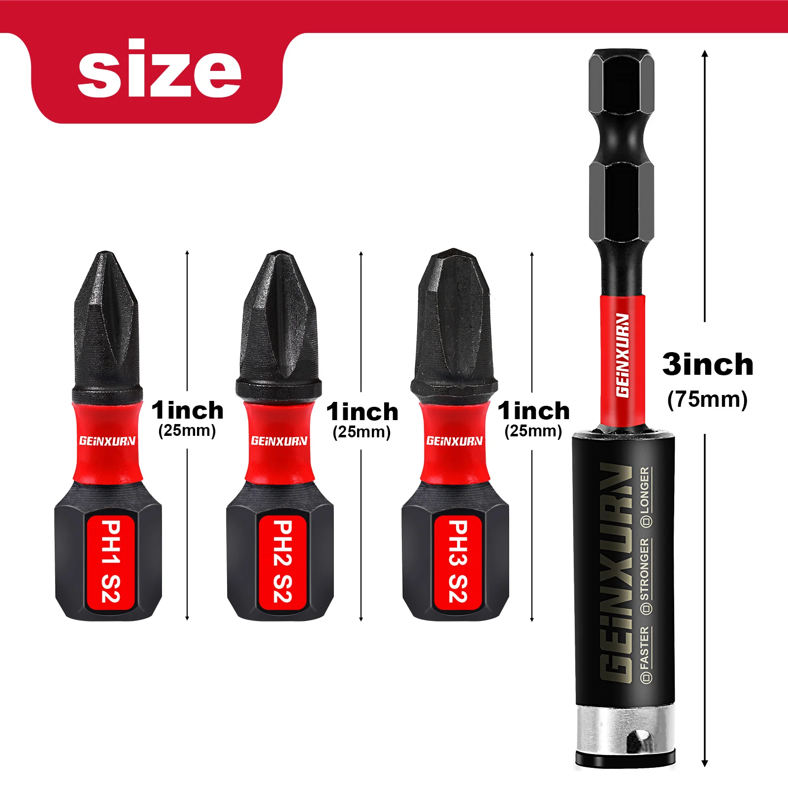 Geinxurn 1 Inches Impact Magnetic #1/#2/#3 Phillips Screwdriver Bit Set with Base