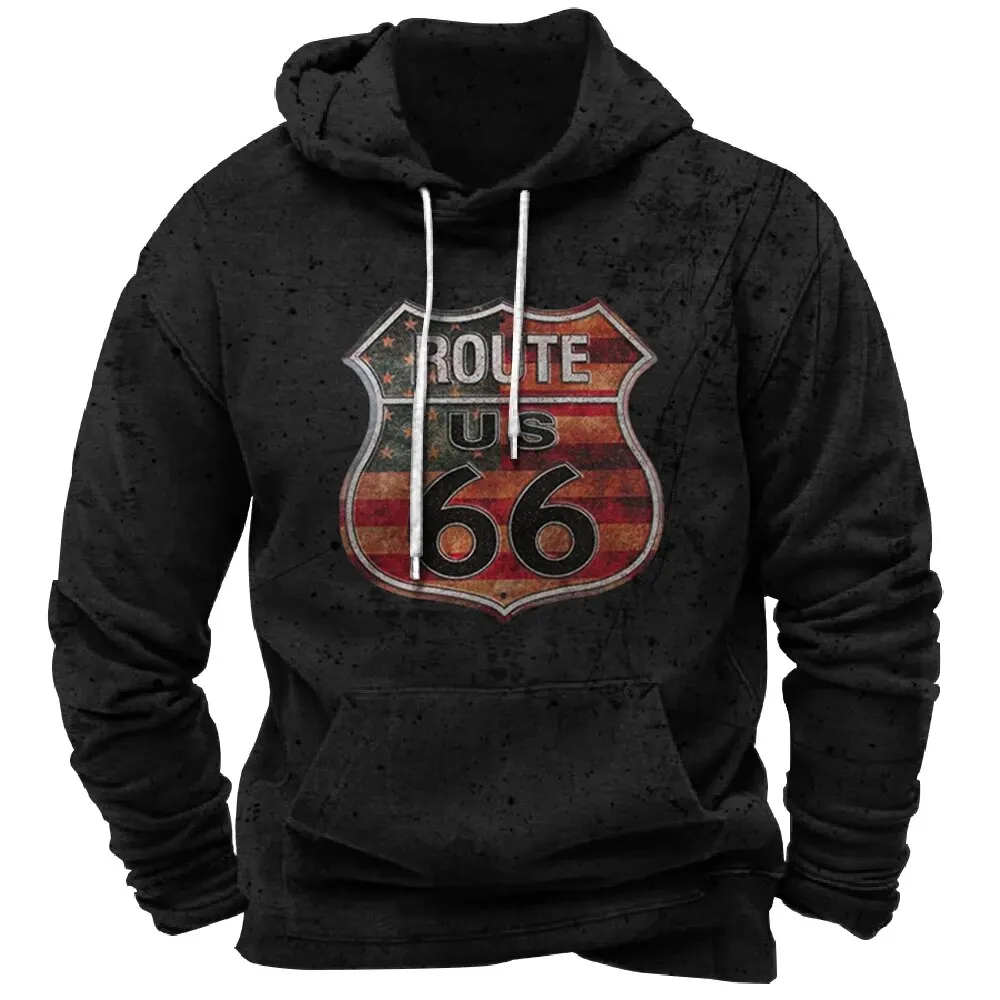 Route 66 Men\'s Hoodie Casual Pullover 3D Printed Pattern Sweatshirt Vintage Men\'s Clothing Autumn Winter Tops 2024 New Outerwear