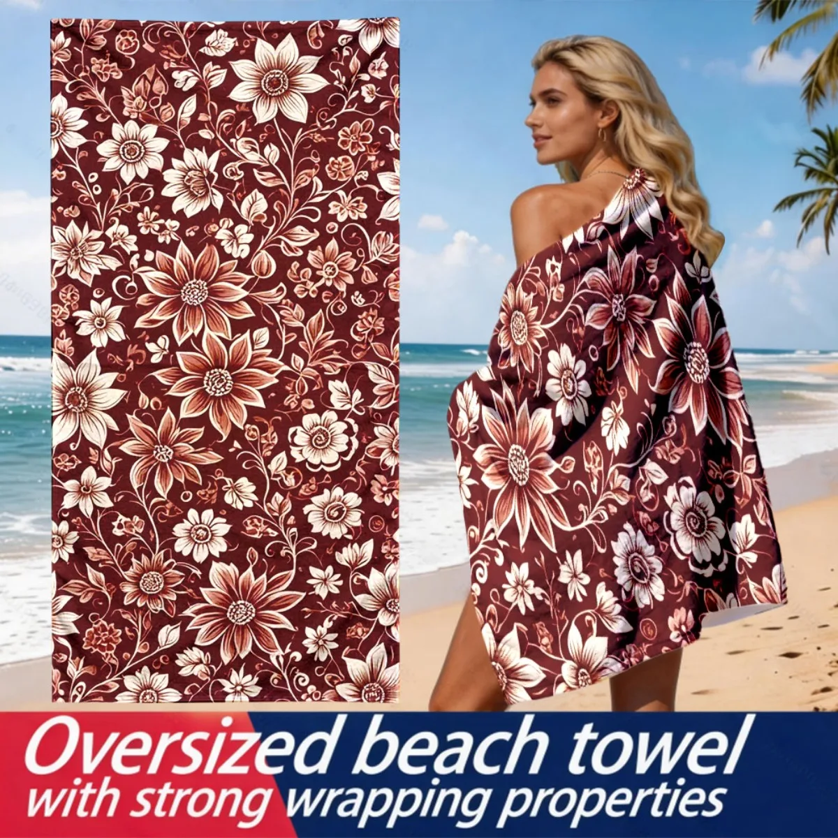 Red wine base with vintage flowers polyester microfiber beach towel is highly absorbent, suitable for swimming and beach outings