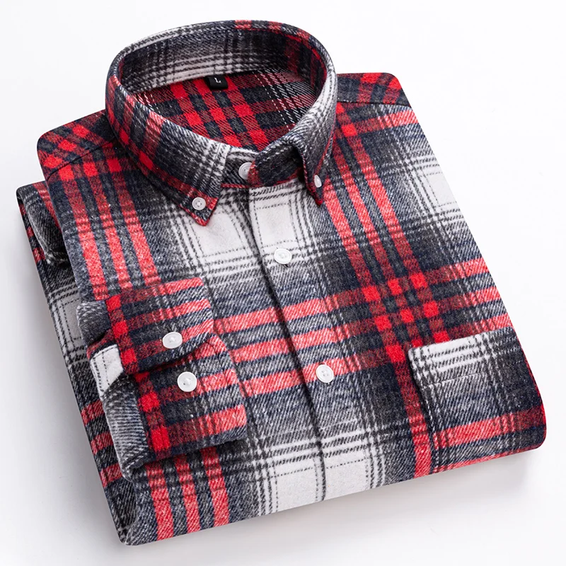 New in shirt hight qulity 100%cotton sanding long-sleeve shirts for men slim fit casual shirt soft plaid designer office clothes