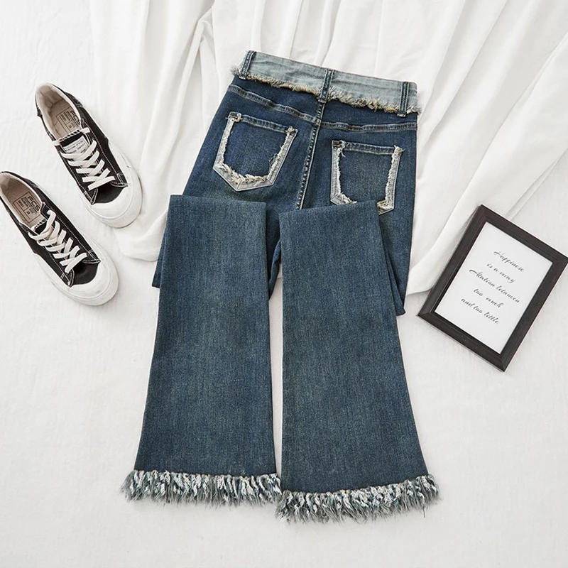 Streetwear Design Raw Edge Flare Jeans Women Korean Vintage Skinny Vaqueros Casual High Waist Stretch Denim Pants Bell-bottoms