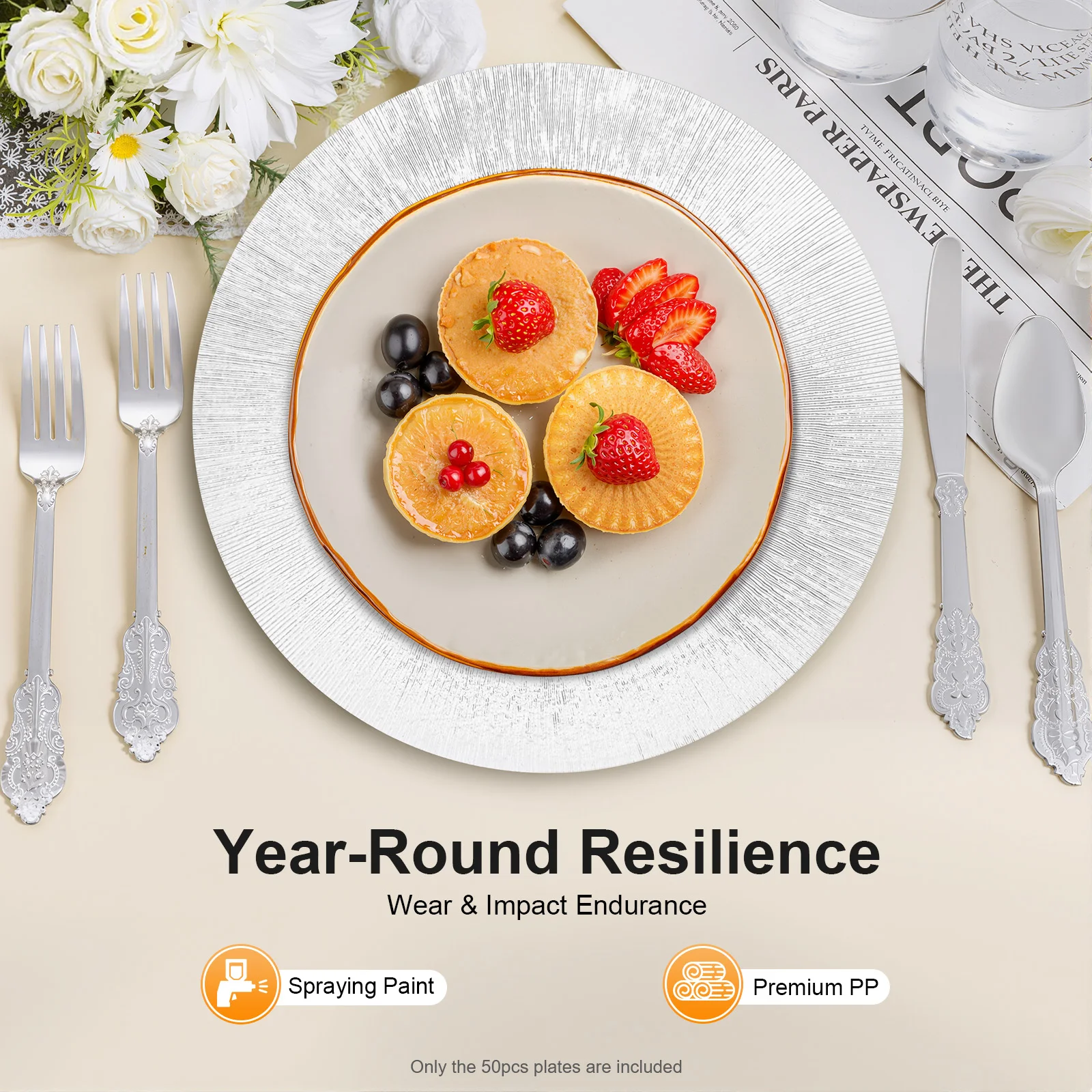 50 個シルバー充電器プレートバルク 13 インチラウンド充電器プレートプラスチックウェディングディナーエレガントな再利用可能なテーブルセッティング用