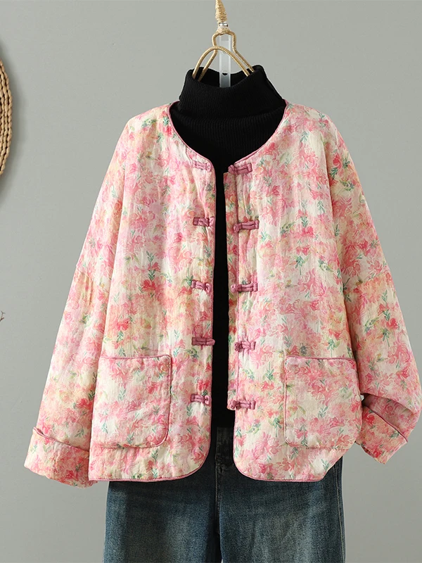 

Thiened round Ne Cotton Jaet Women's Winter Warm Coat with Button Floral Print Retro Sle Chinese National Sle