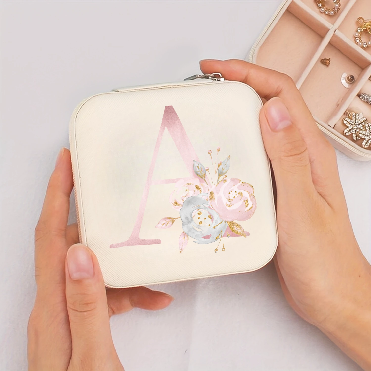 

A-Z Alphabet Print Beige Travel White Storage Box, Jewelry Box with Zipper Closure and Fabric Lining