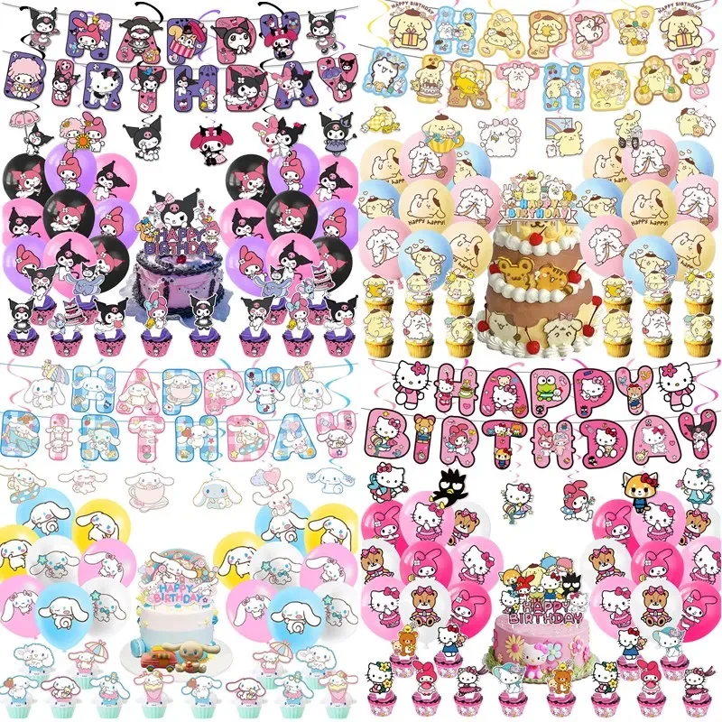 Sanrio Hello Kitty My Melody Kuromi Balloon Set Girl Birthday Party Decoration Cinnamoroll Banner Cake Topper DIY Decor Supplies