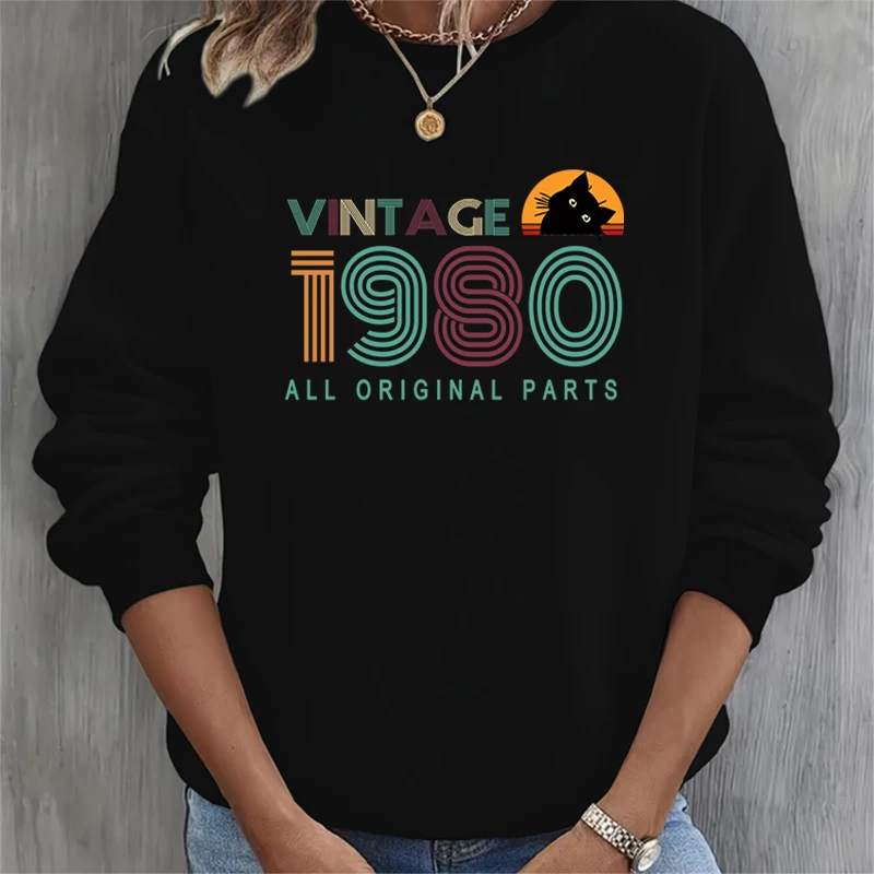 1980-1989 Vintage Birthday Years Women Sweatshirts Loose Round Neck Black Cat Print Streetwear Female Long Sleeve 1983 Hoodies