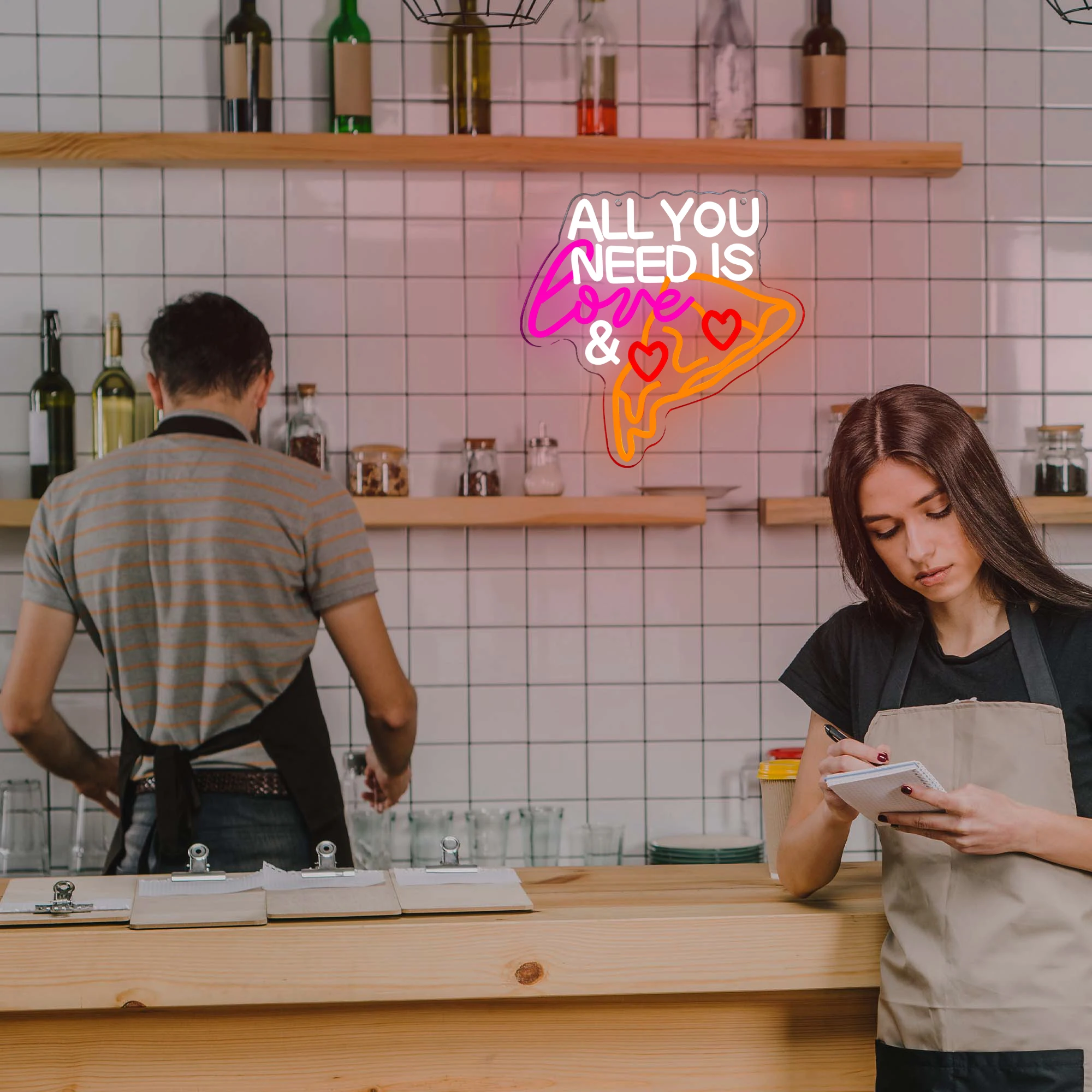 Pizza Neon Sign Luzes LED, Restaurante e Cantina, Decoração da sala de jantar, Cozinha, Tudo que você precisa é amor e pizza