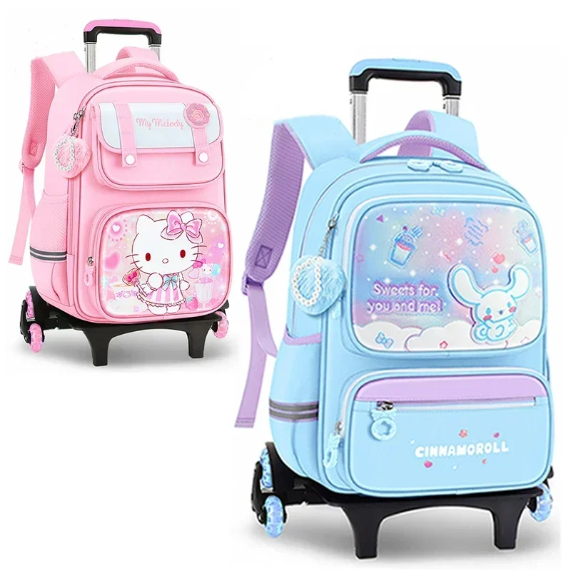 Miniso KT Kuromi Cinnamoroll Girls Trolley Schoolbag Pupil Cartoon Wheeled Backpack Elementary Student 6 Wheels School Bags Gift