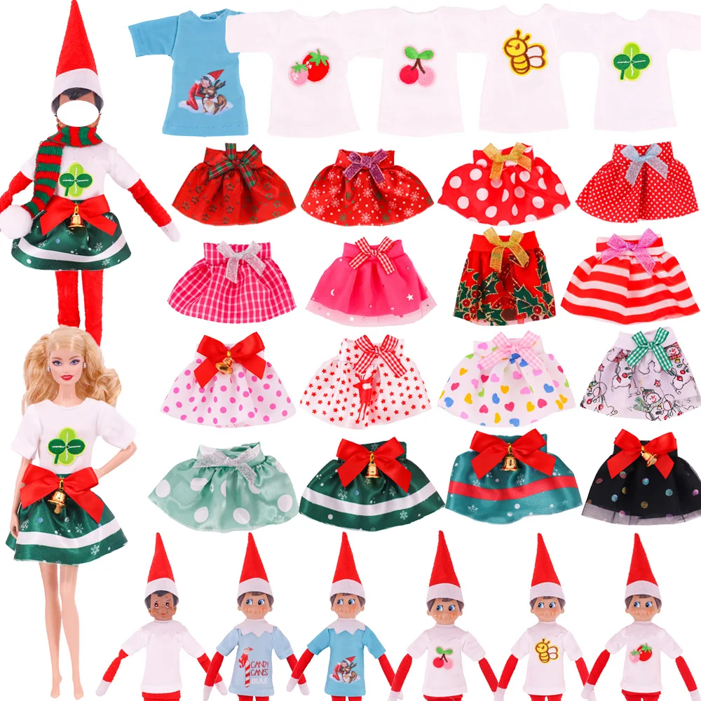 Cute Print T-shirt Christmas Skirt For Elf Doll Clothes Accessories Bowknot/Bell DollHouse Decorate 30Cm Barbie/Elf Doll Clothes