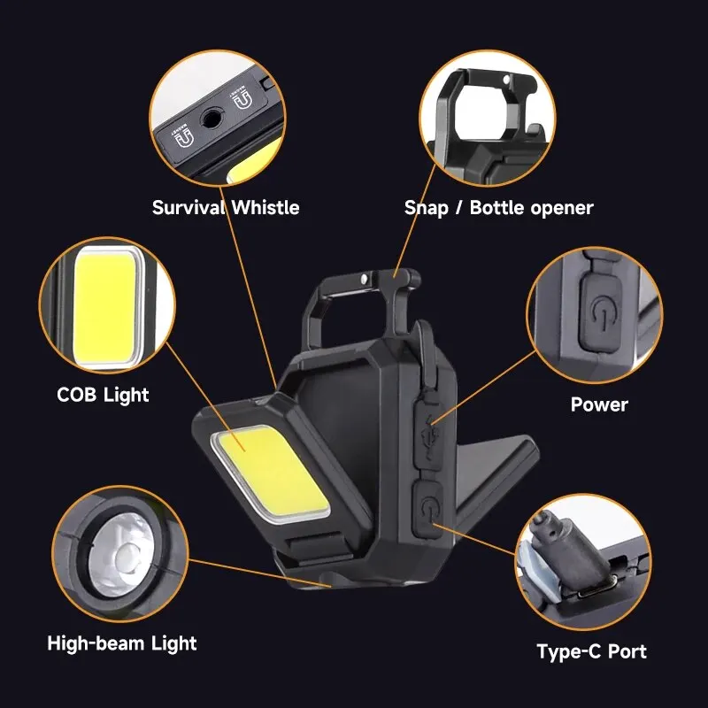 COB Keychain Work Light with Dual Light Source 5Mode Rechargeable High Lumens Portable LED Light for Camping Hiking Running