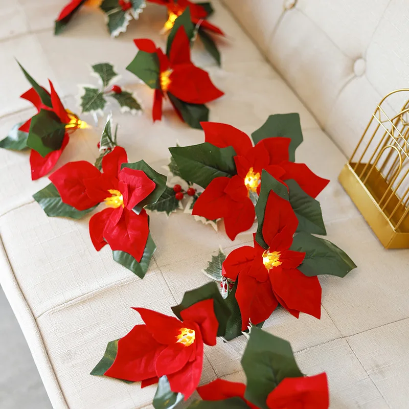 Christmas Artificial Flowers String Lights Xmas Berry Holly Leaves Garland Lighting String New Year Holiday Lighting Decoration