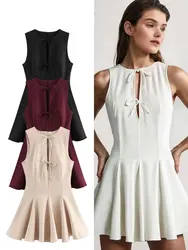 HH Female Elegant Mini Dresses For 2025 Spring Round Neck Wavy Wide Hem Bow Decorated Sleeveless Solid Vintage Trendy Dress