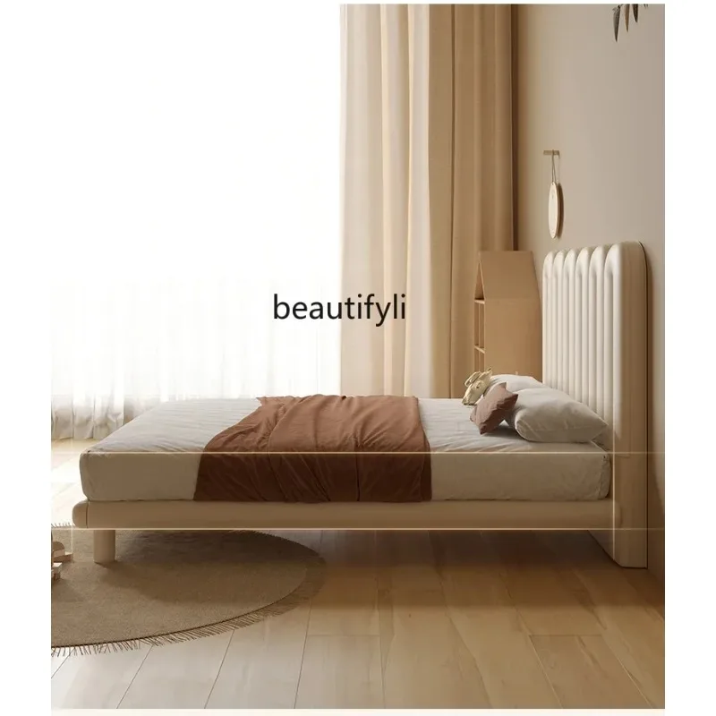 Modern Simple Beige Bed Italian Leather Soft Bag Suspension Bed Small Apartment Children's Bedroom Minimalist Princess Bed