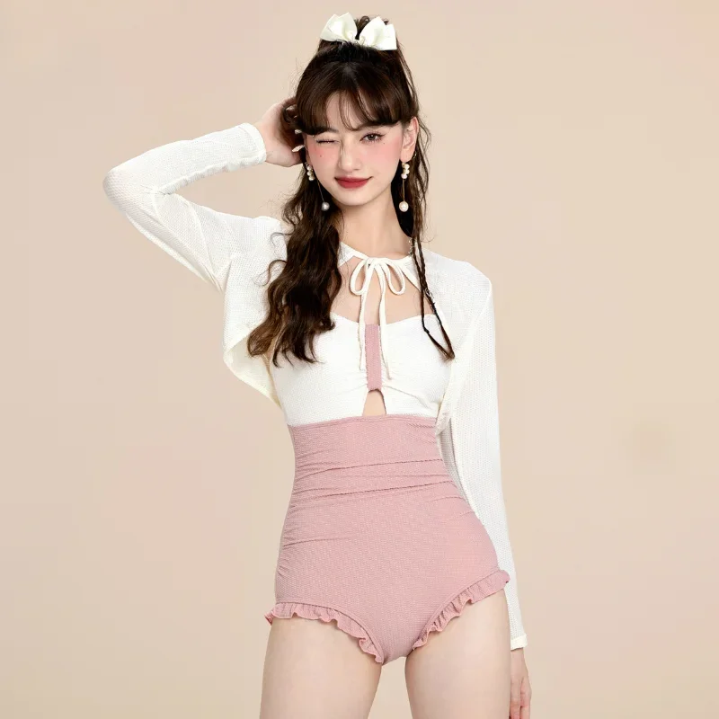 Bikinis Sets Women Panelled Lovely Lace-up Fashion Bathing Sexy Ruffles Holiday Chic Students Swimwear Ins Beach Style Summer