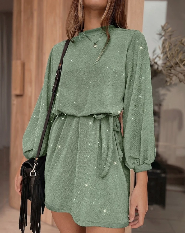 

Womens Dresses 2024 Spring Fashion Glitter Lantern Sleeve Tied Detail Long Sleeves Casual O-Neck Plain Daily A Line Mini Dress