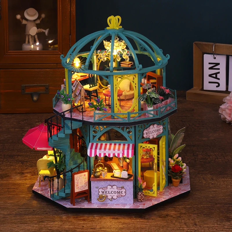 DIY Wooden Doll Houses Romantic Coffee Store Casa Miniature Building Kits with Furniture Led Lights Dollhouse for Adults Gifts