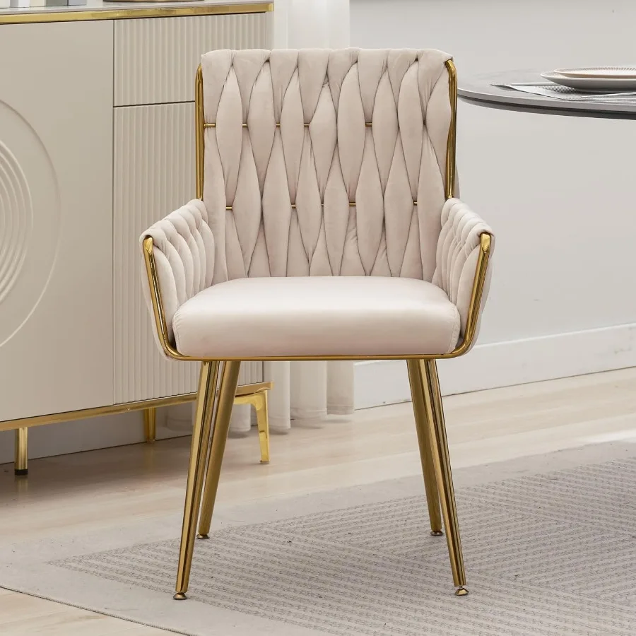 Office Desk Chair No Wheels Woven Velvet Vanity Chair with Back Armrest Comfy Upholstered Cute Gold Metal Legs Makeup Aesthetic