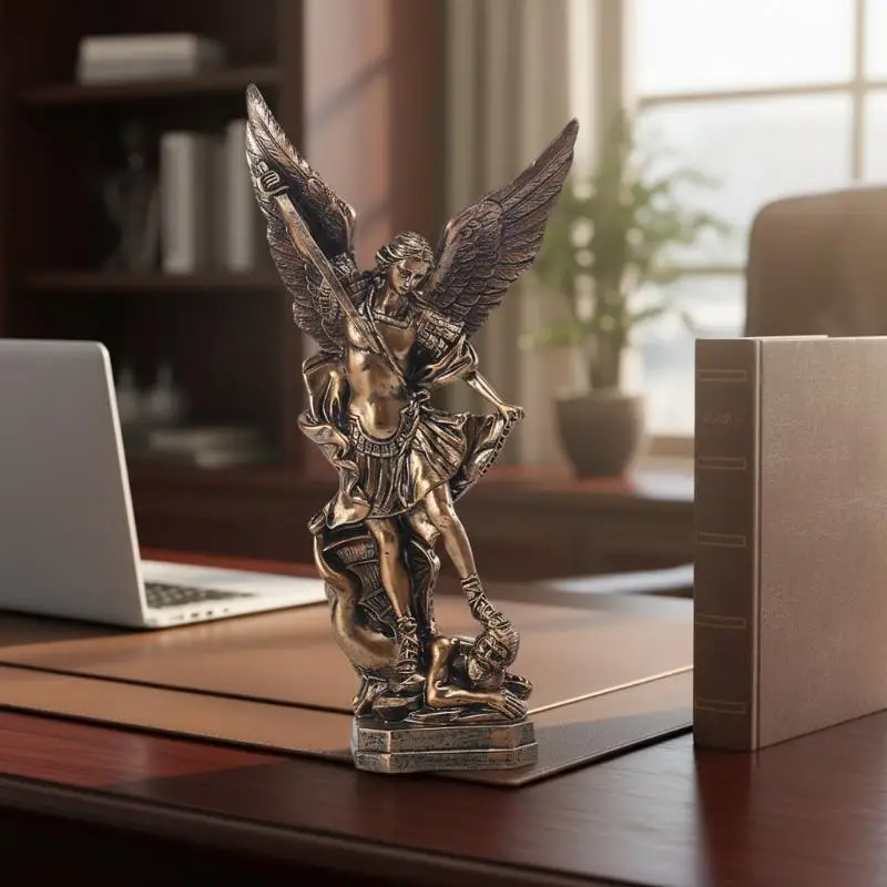 Retro Bronze Saint Michael Angel Resin Statue  Archangel Figurine Home Table Decor Spiritual Collectible for Prayer Room view 6
