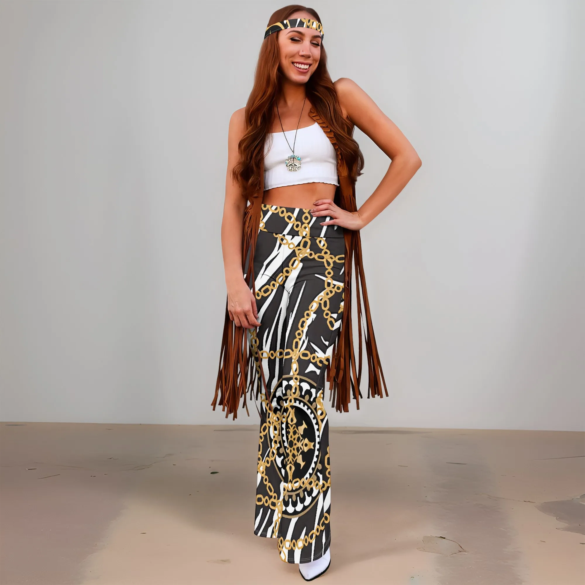 

Women's Spring and Autumn Fashion Wide Leg Pants (Headband), 3D Chain Printing, Casual Fashion Versatile Pants