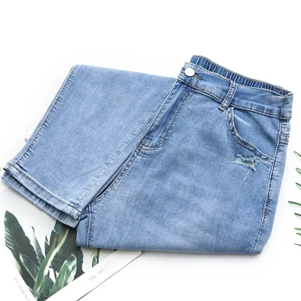 Novedad de verano, pantalones vaqueros elásticos de cintura alta de talla grande, pantalones Harlan ajustados informales 200 Jin Fat MM2024 Hole Harlan