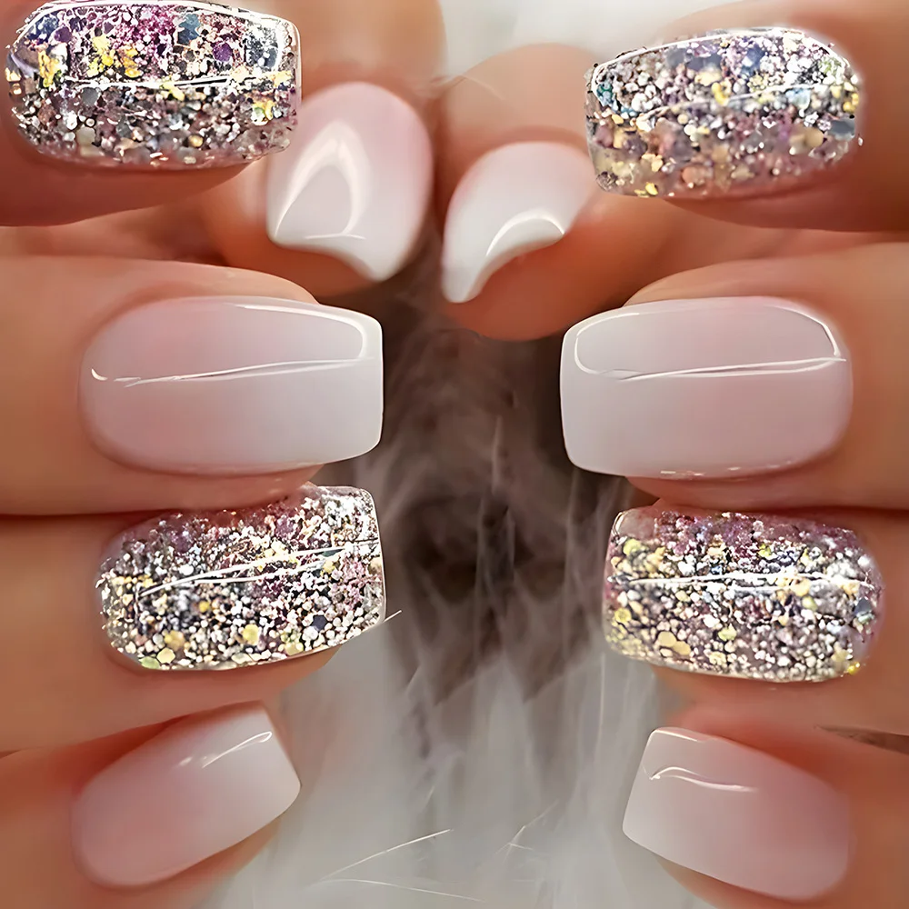 女性と女の子のためのきらびやかな偽のネイル、超フラッシュ、スパークリング、グラデーションピンク、黒のヒント、偽のネイル、プレス、24個セット