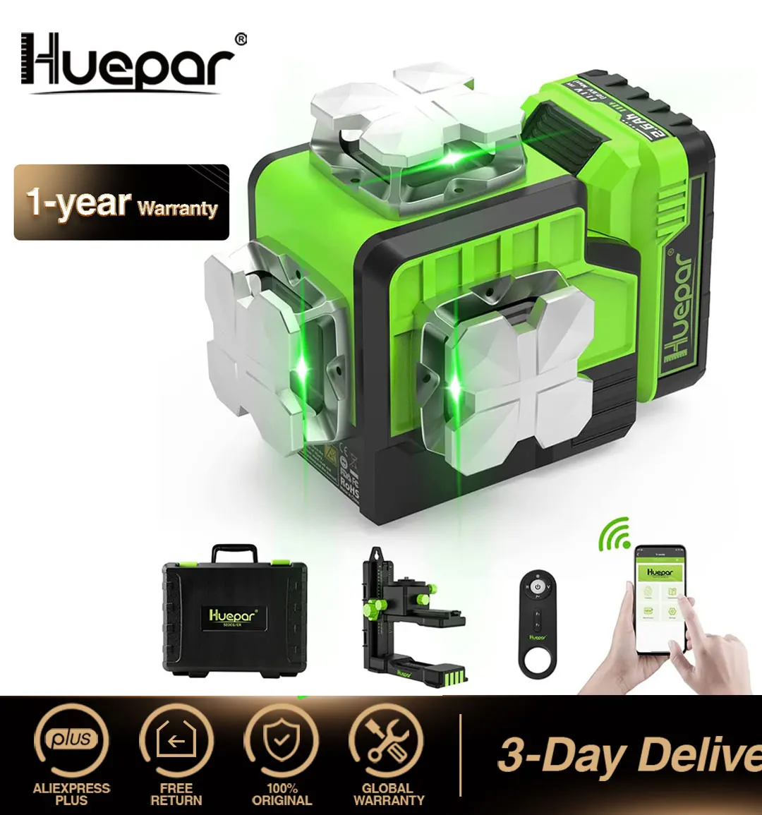 Huepar P03CG Set 3D Cross Line Laser Level Outdoor Self-leveling With Bluetooth, Remote Control, li-ion Battery, Hard Carry Case